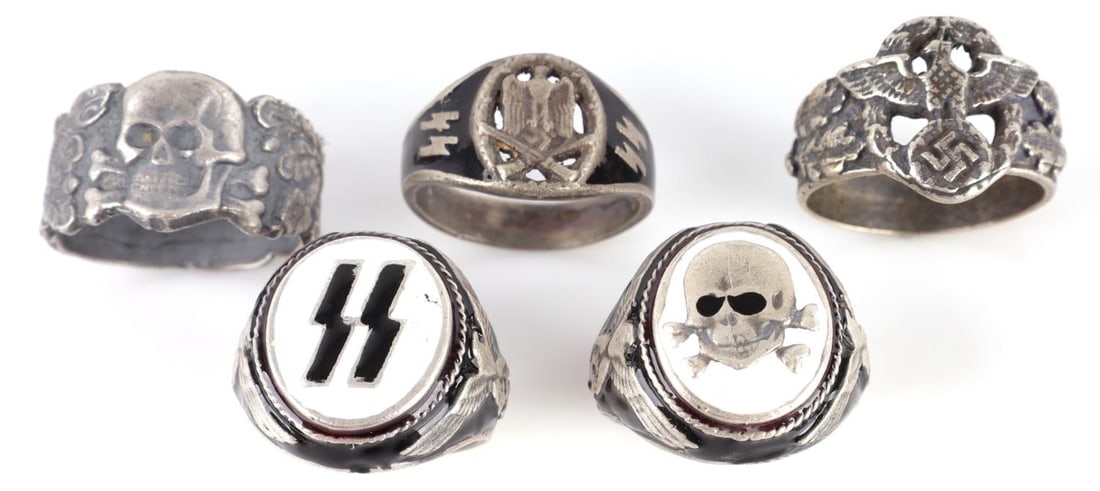 LOT OF 5 WWII GERMAN SS THIRD REICH RINGS: All stamped 800 silver size range 12, 9, 9, 11 and 10, all unuathenticated sold as is. This lot has a reserve.