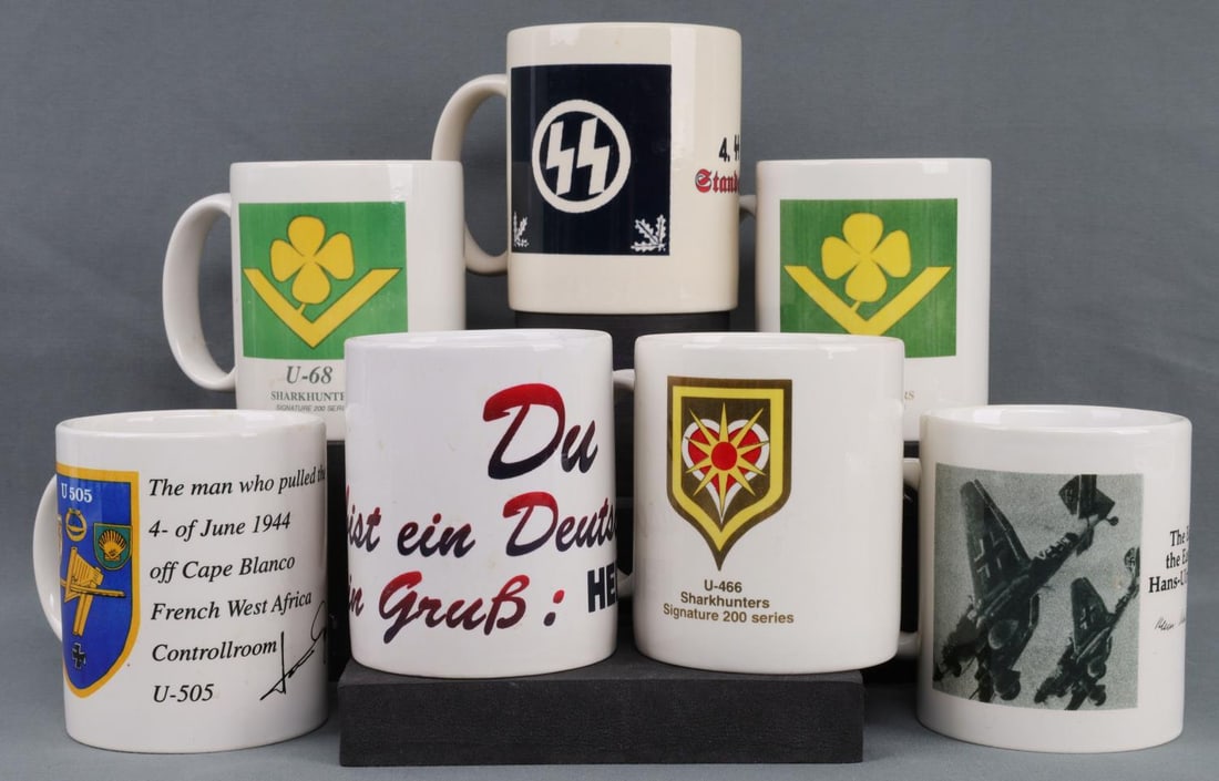 7 WWII HISTORIC GERMAN U-BOAT SS HEIL HITLER MUGS: Signature 200 Series and others, coffee mug size, as photographed.