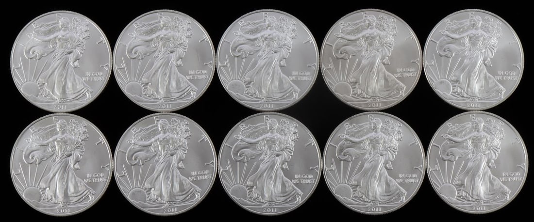 10 2011 SILVER AMERICAN EAGLE COIN LOT BU .999 FIN: Brilliant uncirculated, 1 OZT each coin. This lot has a reserve.