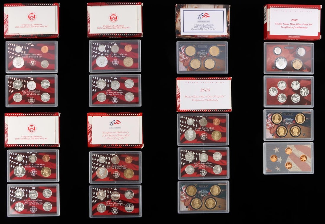 6 SILVER PROOF SET 1999 2001 2002 2007 2008 2009: All boxed as issued by the U.S. mint