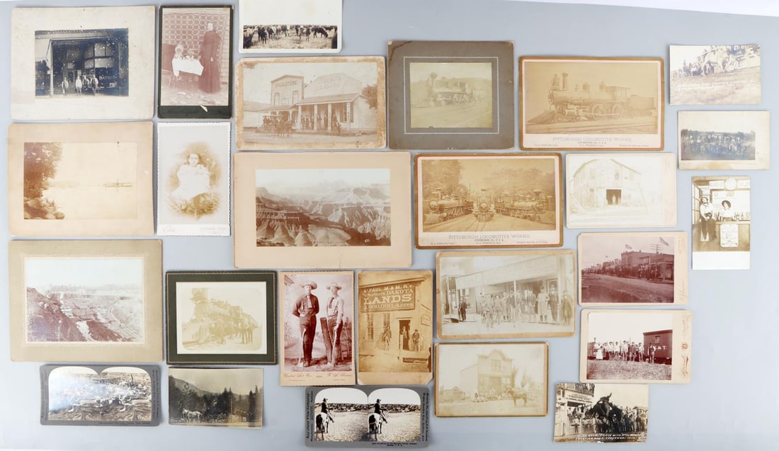 25 ANTIQUE PHOTOGRAPH LOT TRAINS OLD WEST COWBOY: Trains, old west, North Dakota, Texas, Bath house, Montana Cattle drive, Pittsburgh Locomotive, old Saloon postcard, Cheyenne Frontier days postcard 1930's.
