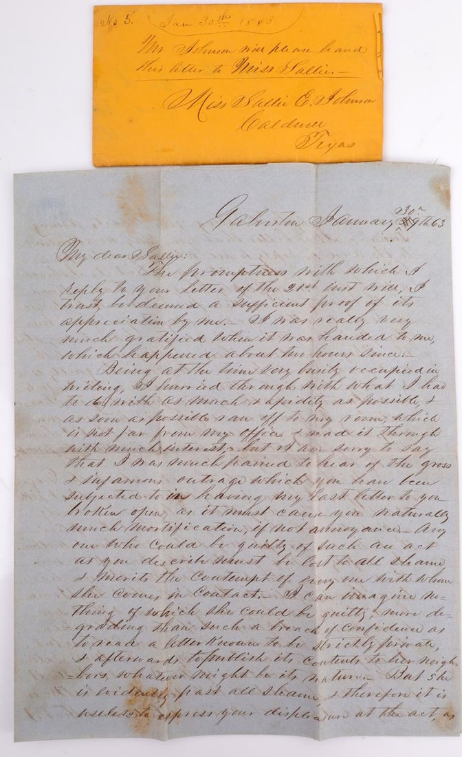 CONFEDERATE TEXAS LETTER GALVESTON SHELLED: G.S. Sherman writes to his future wife Sallie Johnson, Caldwell, Texas from Confederate 2nd army in Galveston, about being shelled and being laid to siege, also speaks of Vicksburg falling and 8000 Co