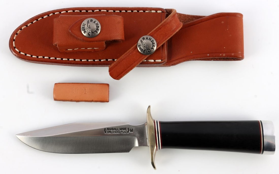 RANDALL MADE KNIVES MODEL 1 KNIFE MICARTA: Steel blade, Micarta grip, nickel finger-guard. Blade measures 3 1/2 inches. Full length 6 7/8 inches. Reverse numbered 1356.
