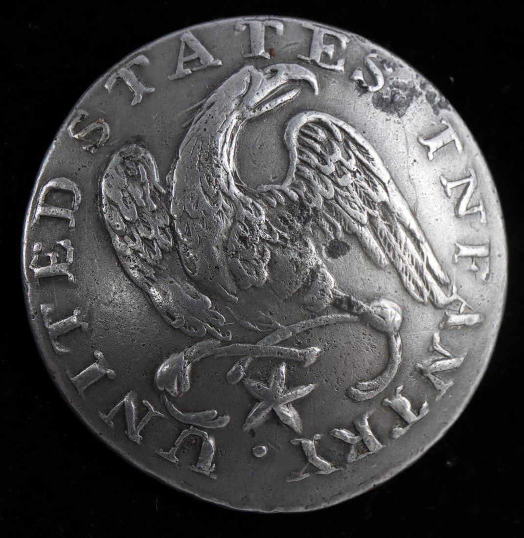 1812 UNITED STATES INFANTRY BUTTON EXTREMELY FINE: One-piece convex pewter with magnetic iron shank, blank back, 22 mm, Albert's GI 41 B, star below eagle, non dug , extremely fine example. Provenance: From the lifetime collection of Dr. Lou Hill, Tal