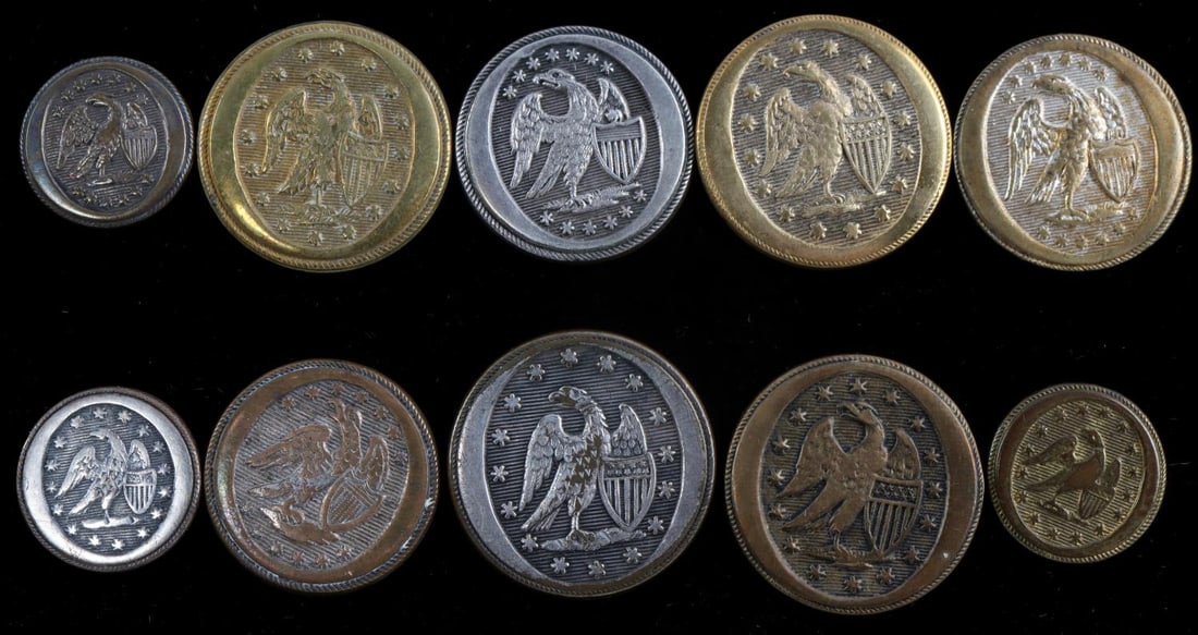 10 PRE CIVIL WAR EAGLE MILITIA BUTTON LOT: All are believed non-dug cuff 14 mm to coat 23 mm, F condition to near mint. This lot has a reserve.