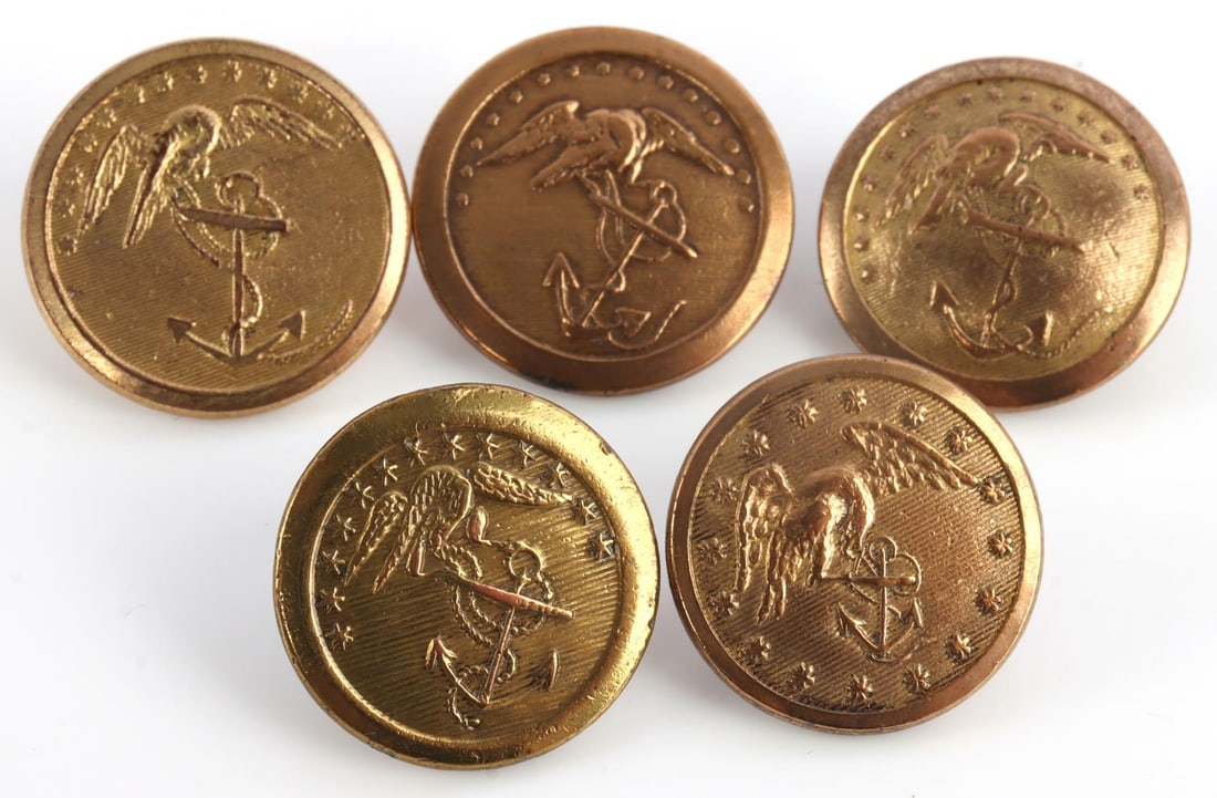 5 PRE CIVIL WAR U.S.M.C. MARINE CORP BUTTON LOT: All one-piece coat buttons, Albert's Rarity Value from 20 to 35, these are non dug extremely fine examples. Numbers are, MC2, MC3B, MC4A, MC4A, MC5B. Provenance: From the lifetime collection of Dr. Lo