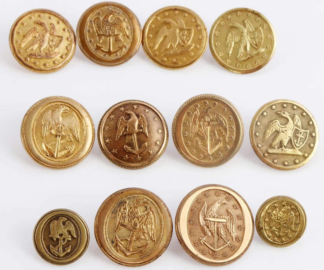 12 19TH CENTURY 1 PIECE U.S. NAVY BUITTON LOT: Lot of twelve (12). Some quite scarce issues in this lot 14mm to 22 mm, Very Fine to near mint. This lot has a reserve.