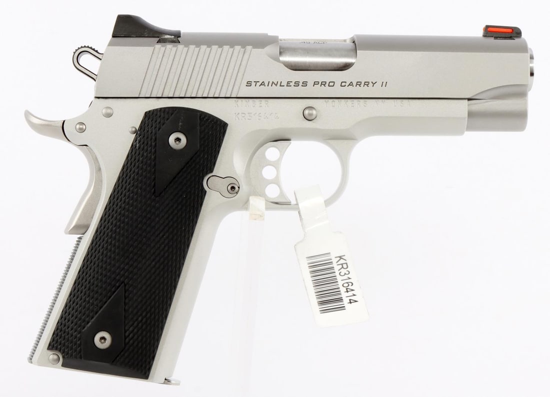 KIMBER STAINLESS PRO CARRY II SEMI AUTO .45 PISTOL: Brand new in box with soft carry case, one magazine, 4 inch barrel and full length grip. FFL required for transfer. No international shipping. Know your state's firearm laws prior to bidding. Caliber: