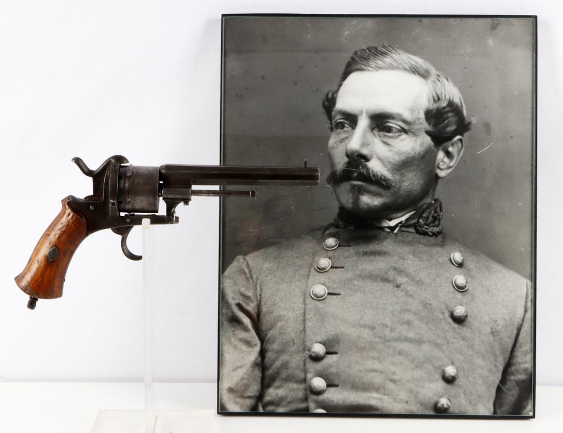 P.T. BEAUREGARD'S PERSONAL BELGIAN PINFIRE PISTOL: Pierre Gustav Toutant Beauregard's personal experimental Belgian pinfire pistol. Pistol has a horizontal stop gap with vertical cylinder notches, and a circular bullet guard with snap bullet viewer de