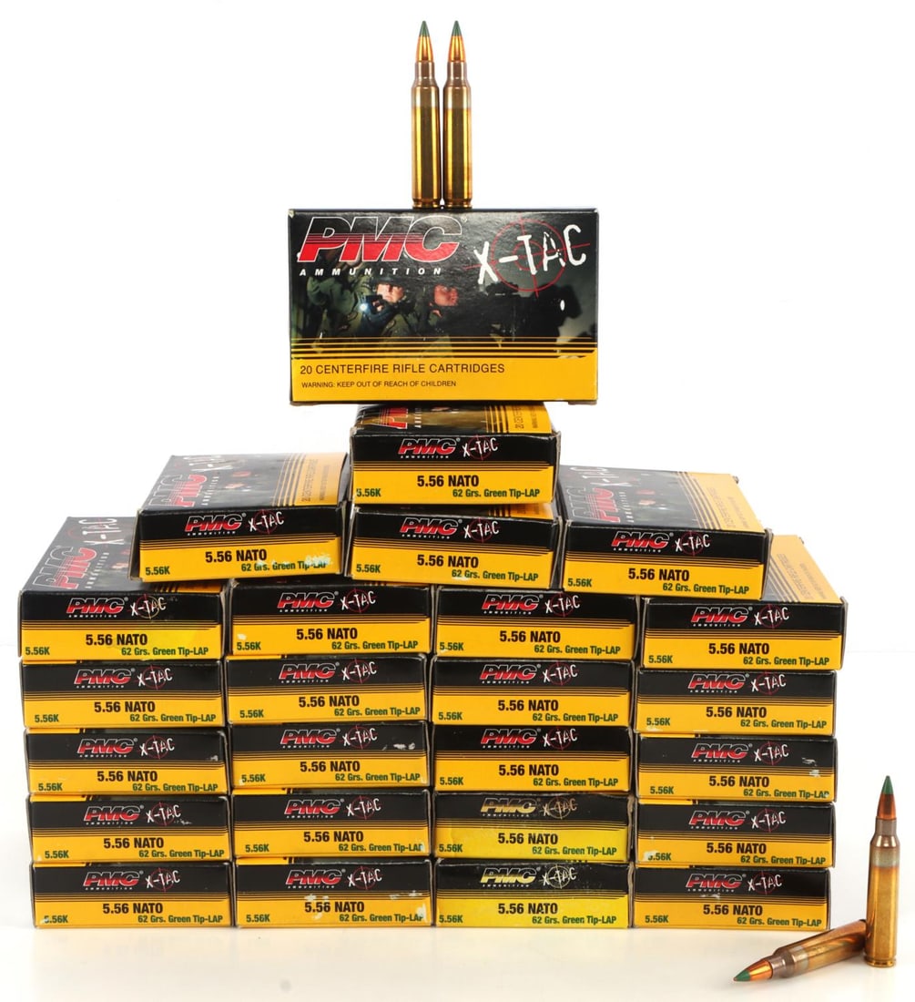 500 ROUNDS OF PMC X-TAC 5.56 NATO 62 GR AMMUNITION: Comes in twenty-five (25) boxes of twenty (20) rounds each of PMC X-TAC, 5.56 NATO, 62 grain, green tip light armor piercing ammunition. No international shipping. This lot has a reserve.