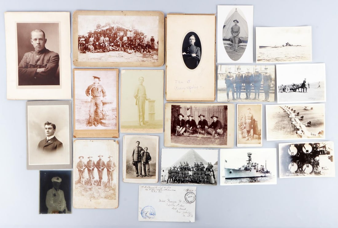 20 SPANISH AMERICAN WAR WWI WWII PHOTOGRAPH LOT: Nice grouping of military photographs, including named and dated 1899 Span Am cabinet card, Buglers, Sanford, Florida photographers 9th Volunteers Co. B 1641, 1918 WWI postcard of 5 AEF wearing captur