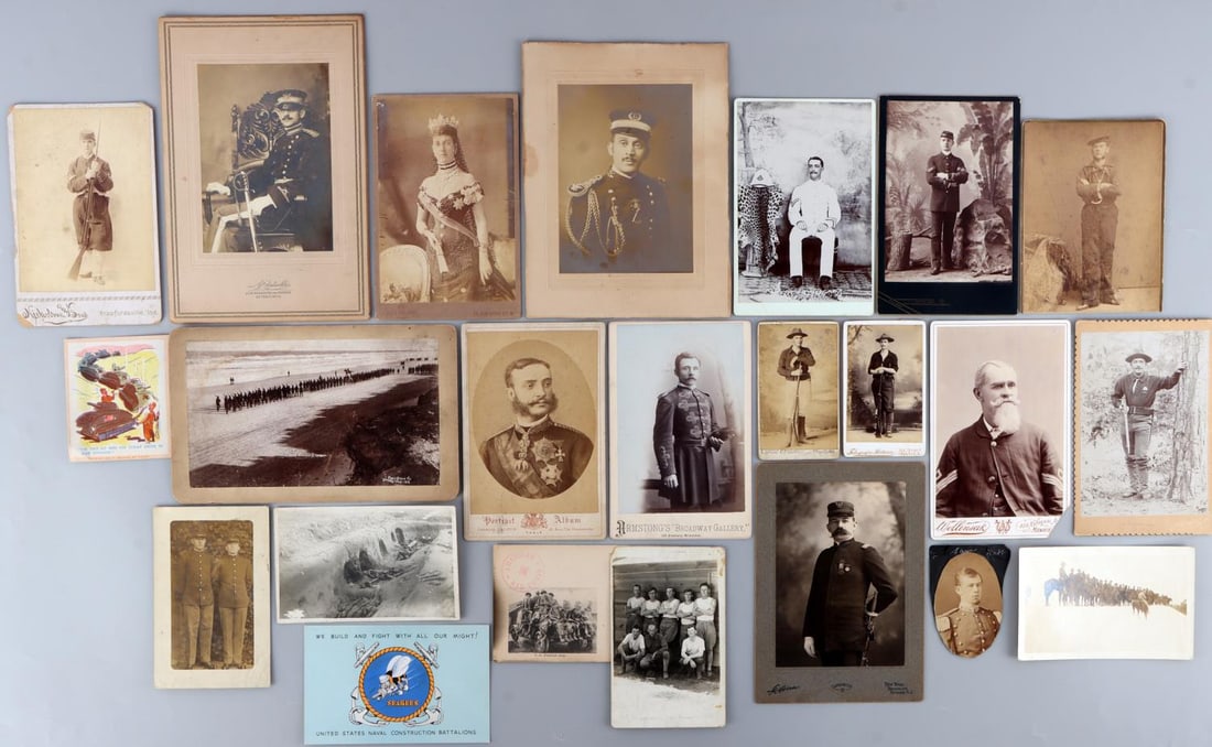 23 CIVIL SPANISH AMERICAN WAR WWI WWII PHOTOGRAPH: Includes post Civil War Zouave soldier with rifle and bayonet, Civil War veteran, 2 CDV photos of Span Am soldiers with rifle and bayonet CDV done in Manila, Pablo Beach Florida, Span Am battalion mar