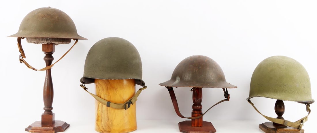 WWI WWII ORIGINAL BRODIE KELLY & M1 HELMET LOT 4: Lot of original British & American WWI-WWII helmets. First is a WWI M1917 Brodie steel helmet. Inner rim stamp "HS 76." Inside lining has red ink stamp "Brodie Steel Helmet." Second is a WWII M1917A1 