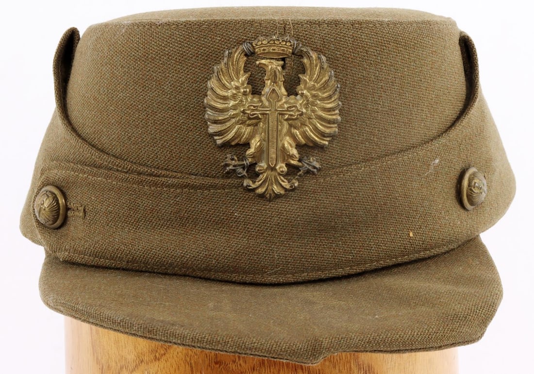 RARE WWII SPAINISH COFFEE CAN STYLE CAP: Very rare to find these intact, good original condition, badge, buttons, sweatband all intact, multiple odd stampings internal, maker stamped sweat band.