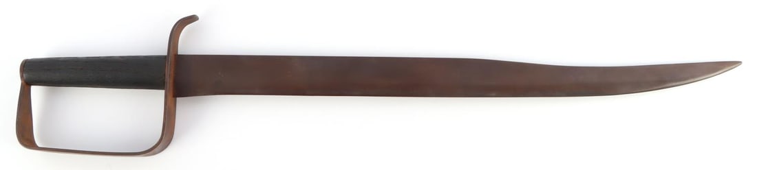 CONFEDERATE ATTRIBUTED D GUARD BOWIE KNIFE SWORD: Confederate D guard bowie knife or short sword made from a cut down sword. Blade is steel and has a wooden grip. Blade measures 16 7/8. Entire length is 21 3/8 inches. This lot has a reserve.