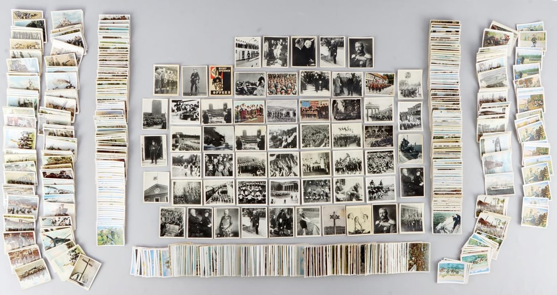 GERMAN THIRD REICH CIGARETTE CARD HUGE COLLECTION: Lot of approx. 750 original German cigarette cards. Each card has a photo or illustration with caption on reverse. Includes a series of Sturm Zigaretten (Sturmabteilung) cards commemorating Paul Von H