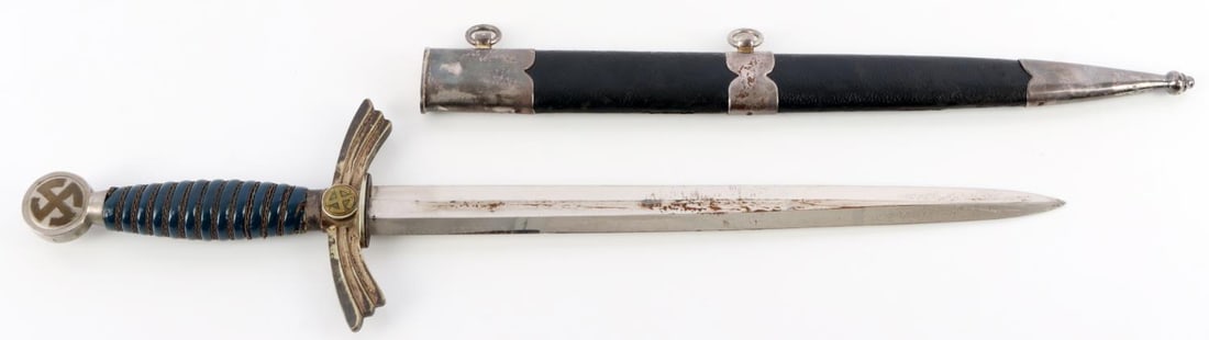 WWII GERMAN THIRD REICH LUFTWAFFE MODEL 1 DAGGER: Nickel-plated steel blade with Spitzer maker's mark. Grip is leather bound. Crossguard and pommel both silvered nickel. Leather bound scabbard with silvered steel fittings. Measures 19 1/4 inches.