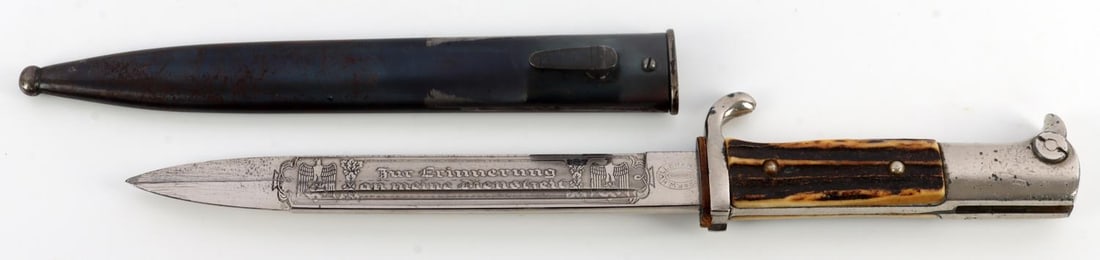 WWII GERMAN THIRD REICH ENGRAVED K98 BAYONET: Nickel-plated steel blade with commemoration. Maker marked F.W. Holler. Stag grip. Measures 13 3/4 inches.