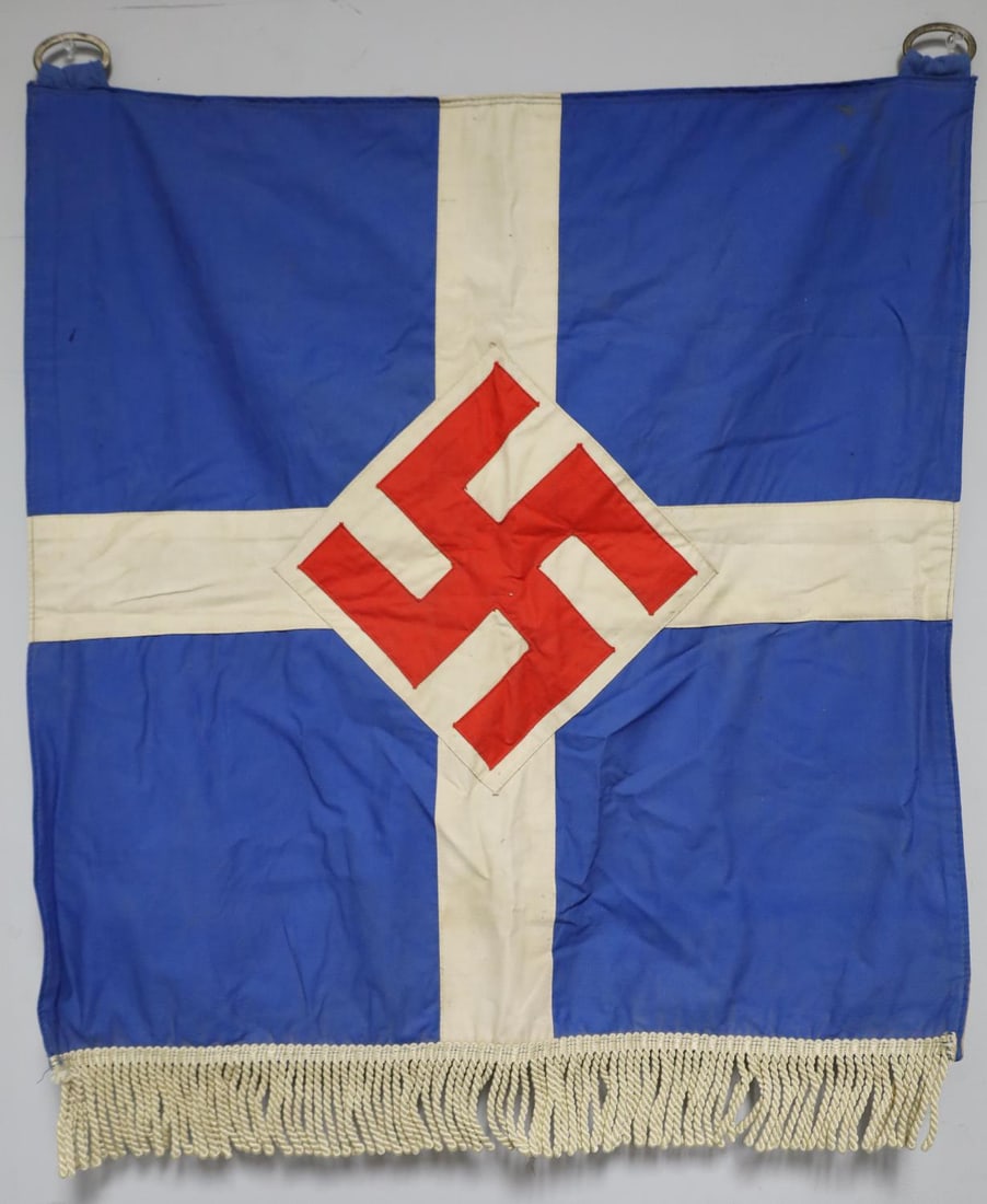 WWII GERMAN THIRD REICH ICELANDIC PARTY FLAG: Single sided flag in blue, white, and red. White fringe at the bottom. Measures 24 1/8 X 25 inches.