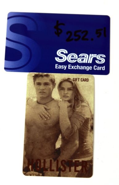 $267 SEARS AND HOLLISTER GIFT CARD SET: Gift card set totaling $267.68. To include: Sears ($252.51) and Hollister ($15.17). Totals have been confirmed with company web-sites.