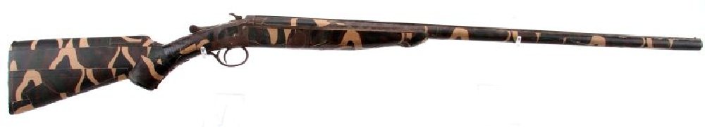 IVER JOHNSON CHAMPION 16 GAUGE SINGLE SHOT: Iver Johnson Champion solid rib16 gauge single shot shotgun. Bore is good. Metal and wood surfaces covered in camouflage tape. Fair condition.