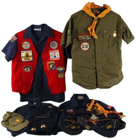 VINTAGE BOY & CUB SCOUT UNIFORM & GEAR LOT: Uniforms hats , belts and buckles, neckerchiefs, sash trousers and more official BSA gear.