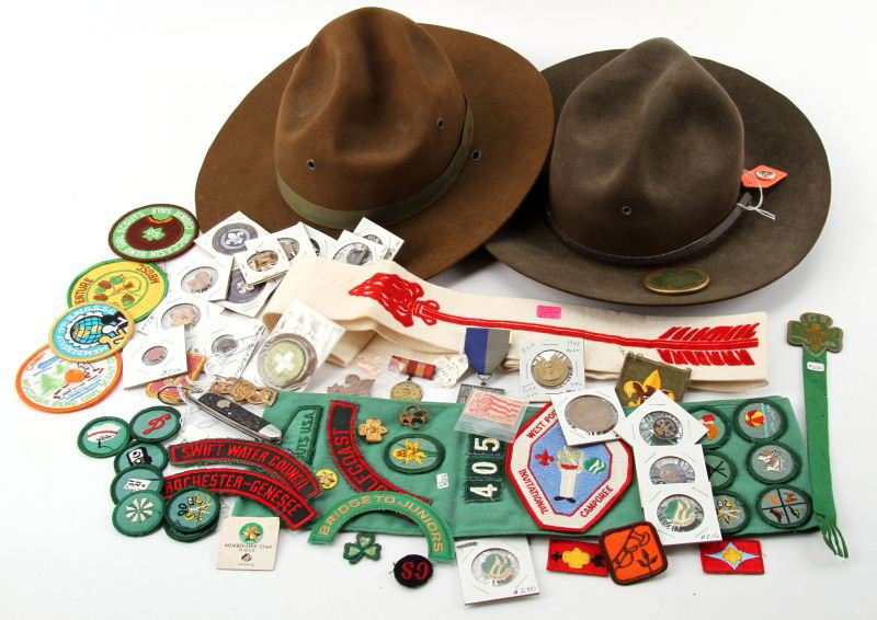 LOT OF BOY AND GIRL SCOUT PINS, PATCHES AND 2 HATS: Includes Be Prepared pin, Transatlantic Council BSA World Scouter medallion, Gettysburg Boy Scout Medal and others. Lot also includes hats, one with Diamond Jamboree Pin in very good condition, anothe