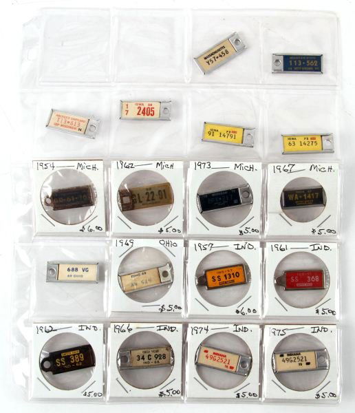 18 VINTAGE DAV LICENSE PLATE KEY FOBS MANY STATES: Included are six from Indiana 1957-1975, two Ohio 1969, four Michigan 1954,62,73 & 67, one from MA, one 1967 from WV, two 1972 from IA one from 68 and one 1975 from WI. All are in good to very good co