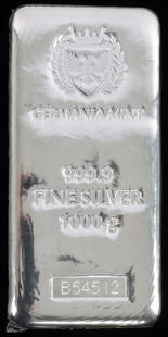 32 OZT 1000 GRAM .999 FINE SILVER GERMANIA BAR: In refiner box, electronically tested This lot has a reserve.