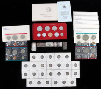 COIN & BULLION COLLECTION MERCURY PROOF BAR LOT: Includes $2.50 face value silver Mercury Dimes, 5 1 OZT .999 silver bars, Malta Proof set, 6 U.S. Mint uncirculated sets