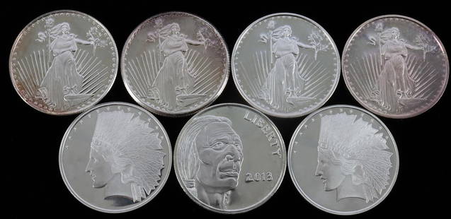 7 1 0ZT .999 FINE SILVER ROUNDS INDIAN & EAGLE: Lot of seven (7). All BU and electronically tested. This lot has a reserve.