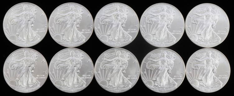 10 AMERICAN SILVER EAGLE 1 OZ SILVER DOLLAR COINS: Electronically tested Silver Eagle coins. Purchased through refinery. This lot has a reserve.