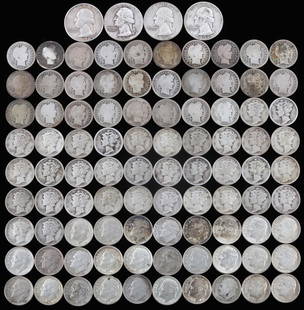 $10 FACE VALUE 90% SILVER COIN LOT BARBER MERCURY: Mostly Barber dimes and mercury dimes with a few Washington quarters and Roosevelt dimes. This lot has a reserve.