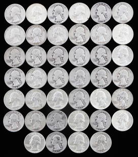 $10 FACE VALUE 90% SILVER WASHINGTON QUARTER COINS: All 1964 or earlier. From circulation. This lot has a reserve.