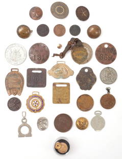 TOKEN TAG GOLD VETERAN PIN U.S. HALF CENT LOT: Includes a 2.3 gram 10k gold WWI veterans pin, 1853 uncirculated half cent with inscribed fields, tags, Taft campaign tag, and more.