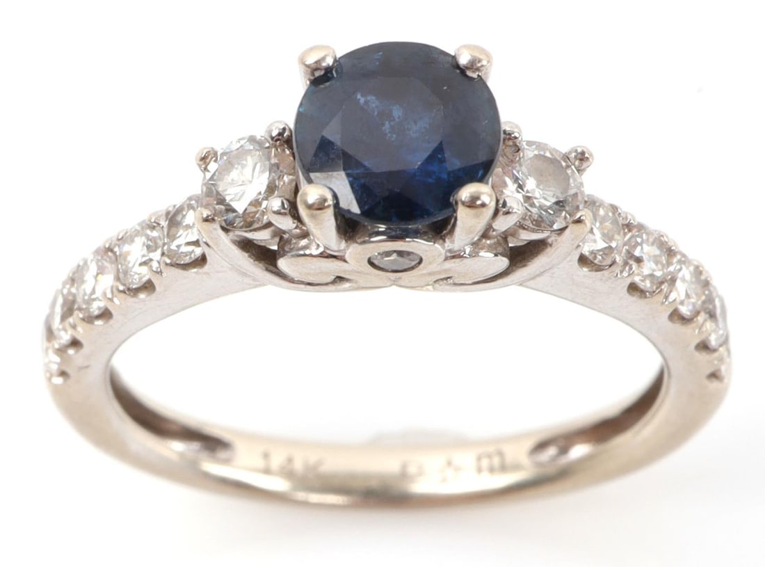 SAPPHIRE & 1/2 CTW DIAMOND 14K WHITE GOLD RING: From the "Shades of Love" Helsberg Diamonds collection. Original retail value $1,349. Size 5.5, sapphire measures 5.3 millimeters. In very good condition without damage to stones or settings. Total we