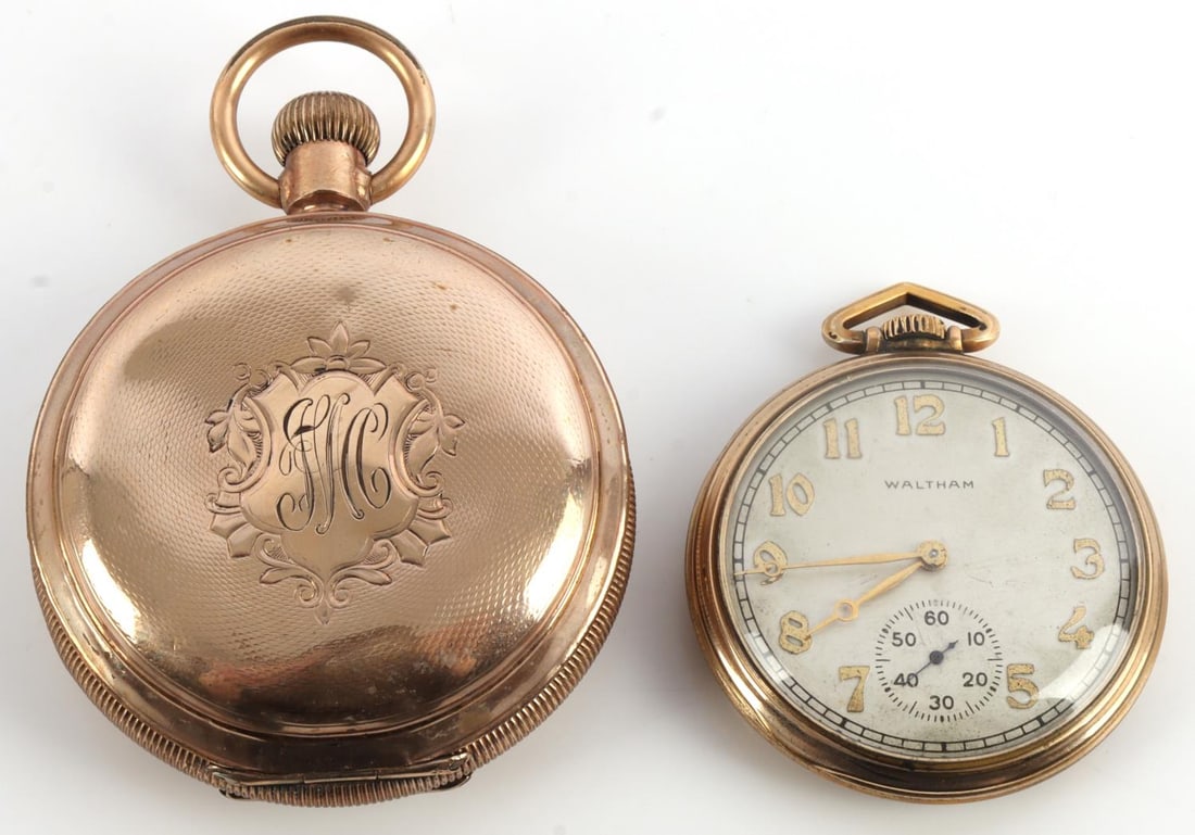 2 ANTIQUE WALTHAM POCKET WATCH LOT: First watch S/N 25181038, strong self starting movement, complete Grade 239, model 1894, production 1925 plate 3/4 size 12 s, the second S/N 7970991, strong self starting movement, missing crystal, mo