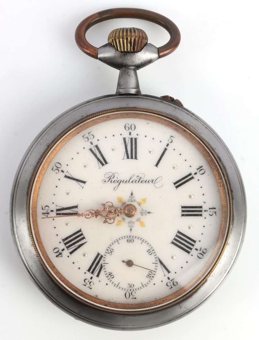 ANTIQUE FRENCH REGULATOR RAILROAD POCKET WATCH: Starts on it own with 2 turns, complete porcelain face, 50 mm face 62 mm total.