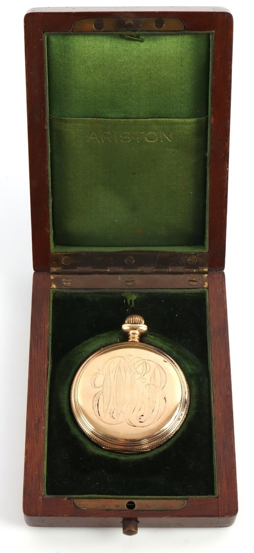 14 KT GOLD ARISTON POCKET WATCH IN ORIGINAL BOX: Strong movement starts and holds on its own, 273 grade, S/N 1969435, missing Bow and crystal 41 MM face, in original box. total weight with movement 62 grams. This lot has a reserve.