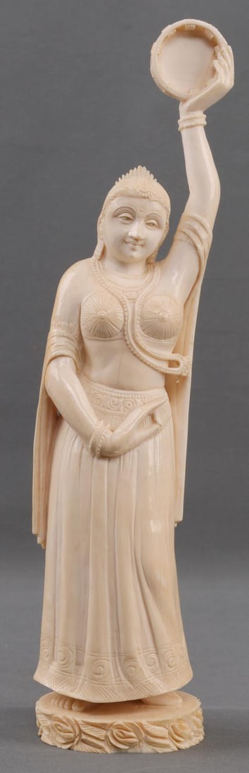 ANTIQUE IVORY HINDU GODDESS WITH TAMBORINE 11 1/2": Nice age patina, damage-free, 11 1/2 inches. Over 100 years old, no international sales, know your state regulations prior to bidding.