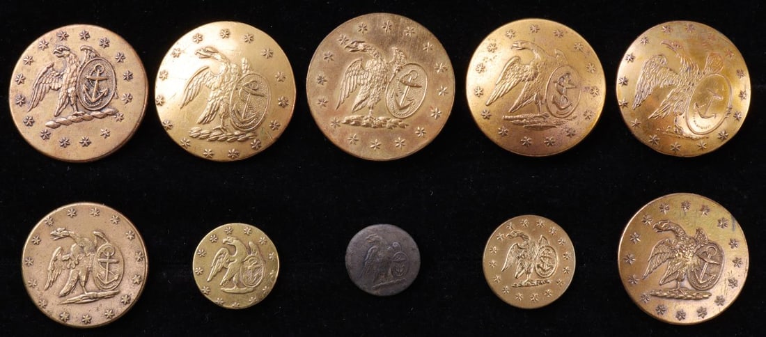 10 19TH CENTURY U.S. NAVY BUTTON LOT: Lot of ten (10). All but 1 cuff button are non dug very fine to extremely fine condition. Albert's reference NA45 AV, NA 51 V dug, NA 52A, NA 53A, NA 51 variant, NA 54A, NA 54 A, NA54A, NA 54A, NA57A.
