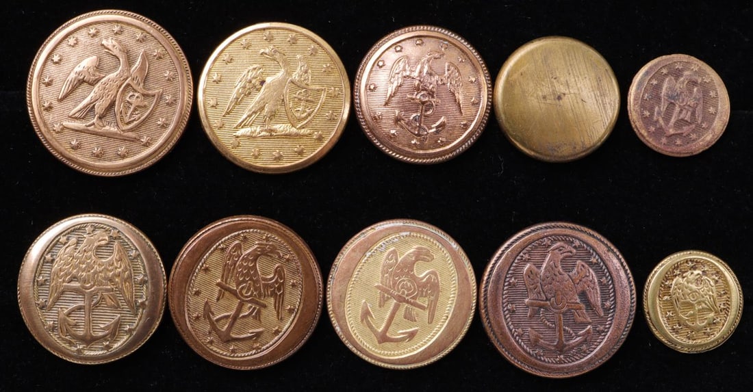 10 19TH CENTURY 1 PIECE U.S. NAVY BUTTON LOT: Lot of ten (10). Includes Albert's NA75B shank on device eagle. All non-dug Very Fine to Near mint, 14 to 22 mm in size. This lot has a reserve.