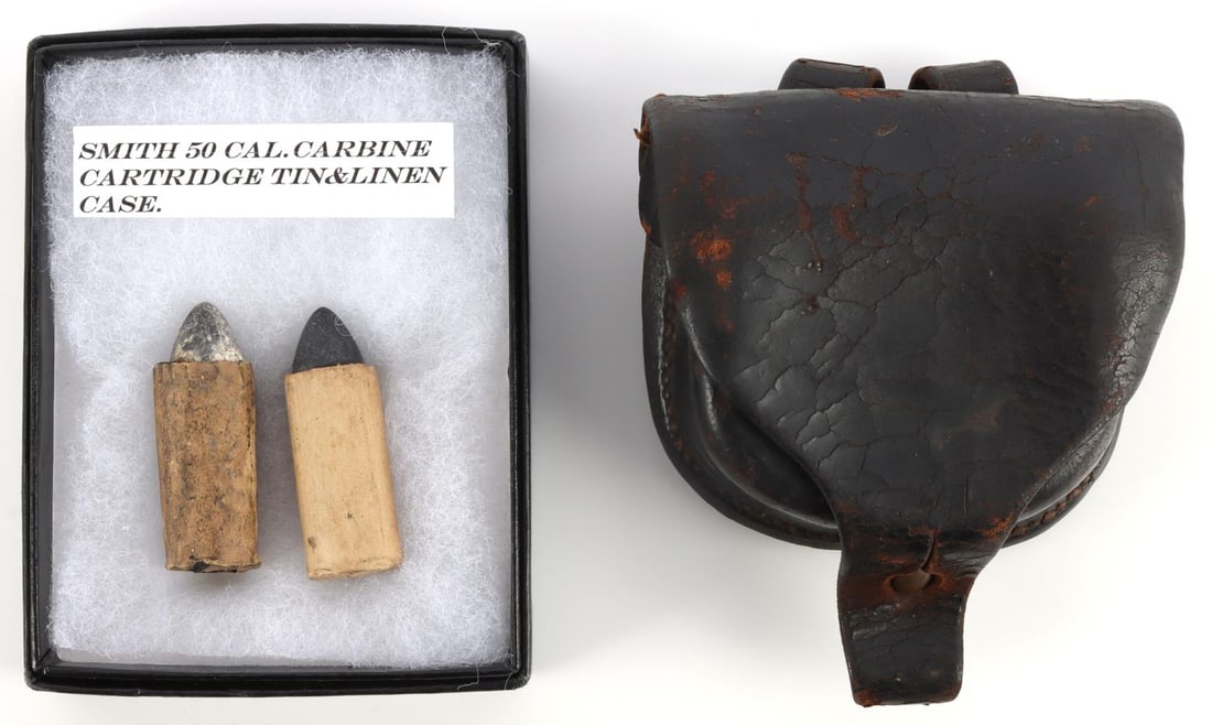 SMITH .50 CALIBER 2 PAPER CARTRIGE & AMMO POUCH: Tin and linen case cartridge and leather ammo pouch, E. Caylord Maker. All very good original condition.