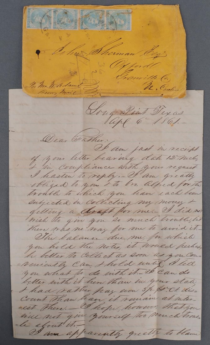 CONFEDERATE LETTER CIVIL WAR GRAY POINT TEXAS 1861: Six days before the bombardment of Fort Sumter, S.G. Sherman wrote this letter to his father, John Sherman. Excerpted, "I am apparently greatly to blame for not earlier answering your letter, but my r