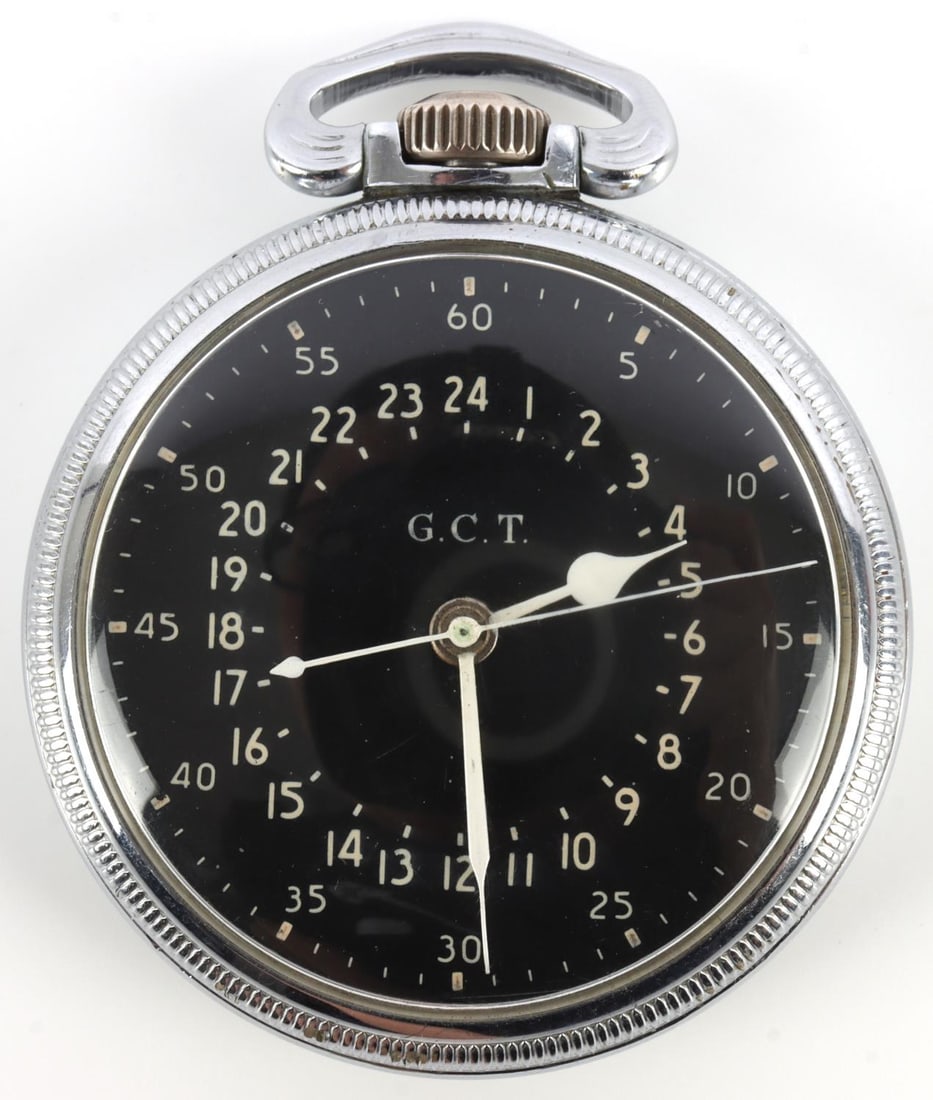 WWII HAMILTON MILITARY PILOTS G.C.T POCKET WATCH: Running 1941 Hamilton 4992B 22 Jewel in keystone base metal case. Very good condition. Size 16s.