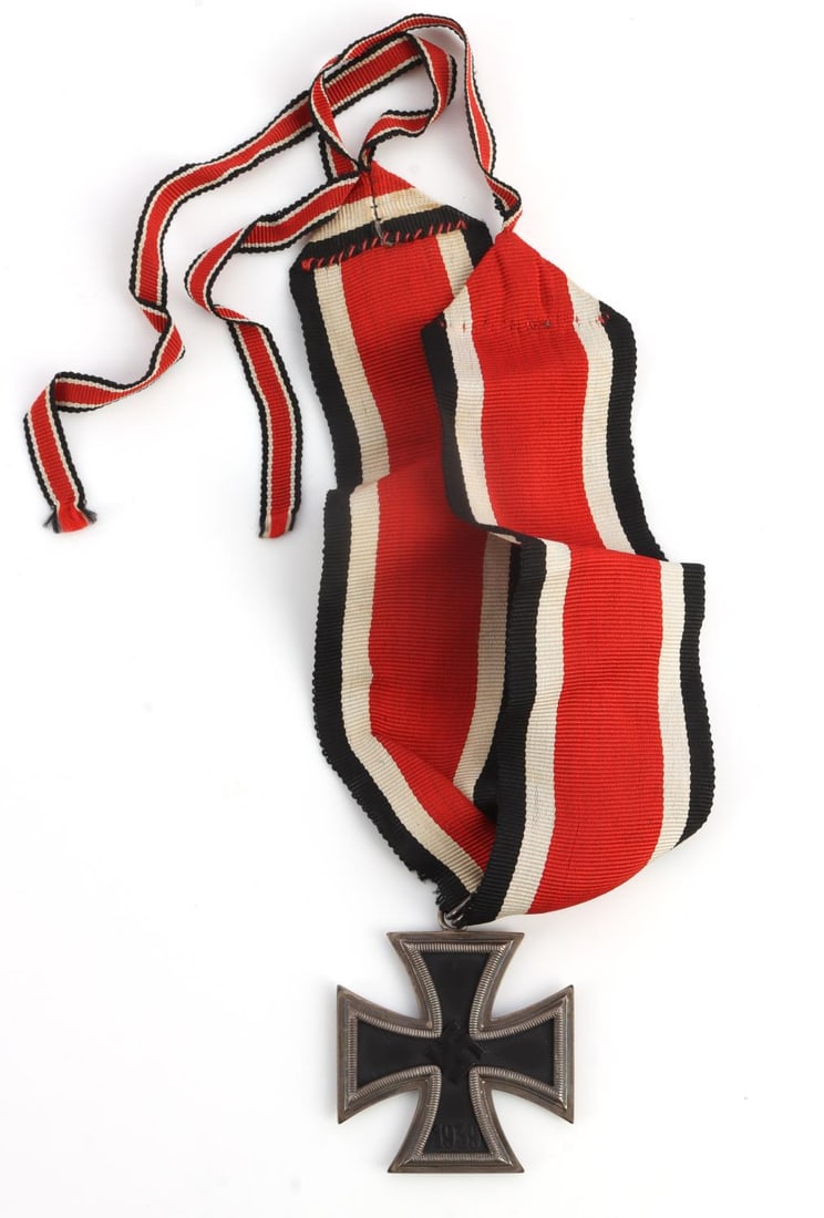 WWII GERMAN KNIGHTS IRON CROSS 800 SILVER: Magnetic core with two-piece frame. It measures 1 13/16 inches. Marked 800 for silver and 20 for maker. Jump loop also marked 800. Ribbon is non-fluorescing. Very good condition. Unauthenticated, sold
