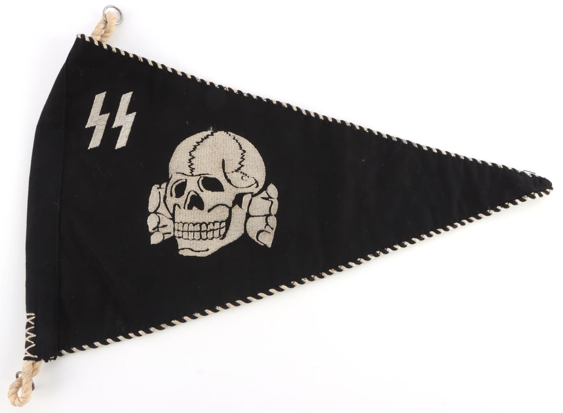 WWII GERMAN SS TOTENKOPF PENNANT FLAG: Non-fluorescing. Machine sewn. Double-sided. Measures 14 X 10 inches.
