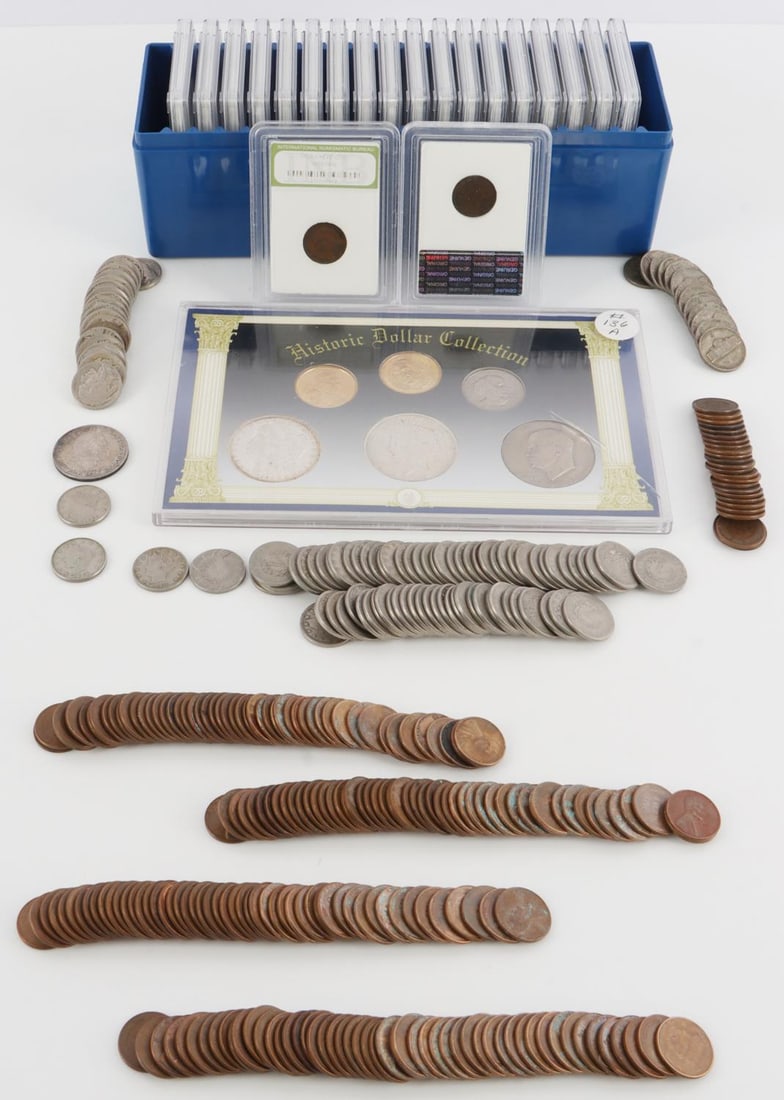 U.S. COIN COLLECTION INDIAN WHEAT BUFFALO MORGAN: Includes 2 1883 V No Cents EF condition, Colombian Expo in EF, historic dollar set with 1921 Morgan and 1922 Peace dollar and others, 20 encapsulated Indian Cents, AG/G common dates, 23 better grade t