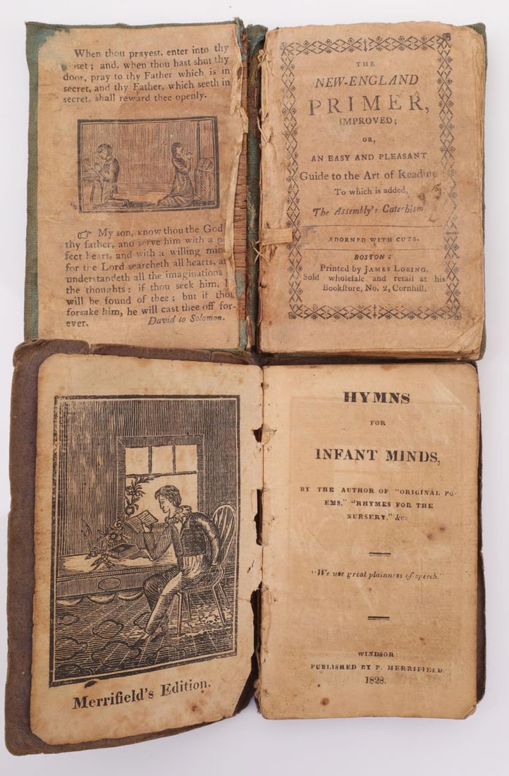 EARLY AMERICAN EDUCATIONAL BOOK NAMED PAIR CA 1815: Lot of 2 miniature books for instruction in religion, reading and writing. First is a circa 1815 edition of "The New-England primer, improved," publisher James Loring, Boston, Bookstore No. 2, Cornhil