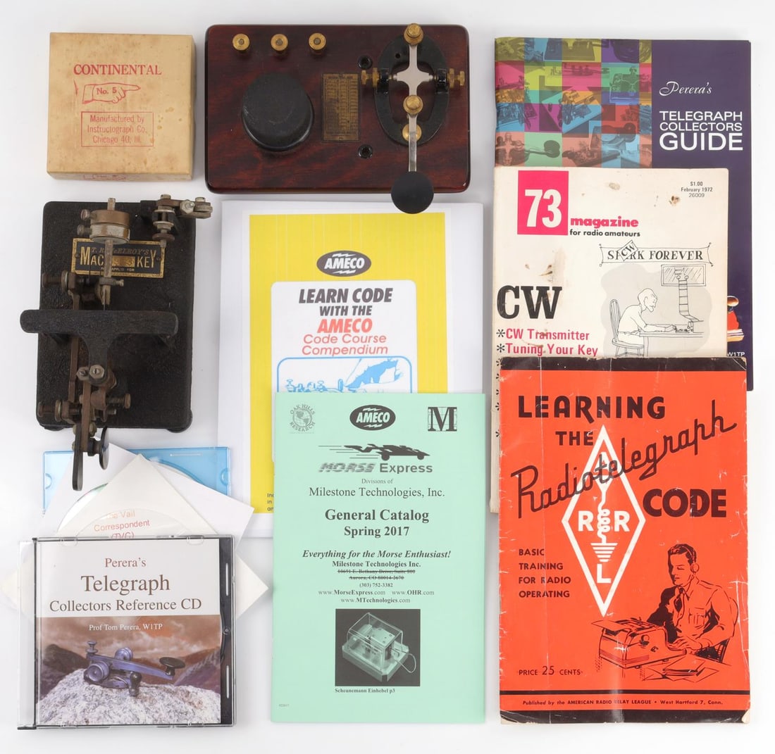 LOT OF TRAINING MATERIALS 2 CODE MACHINES TRA TAPE: Signal Electric Mfg. Co. International Code. Morse code key and buzzer. 7 X 4.5 inches. Some wear to brass, overall very good condition. T.R. McElroy's Mac Key Morse Code Telegraph Key - SR 5983. A Mo
